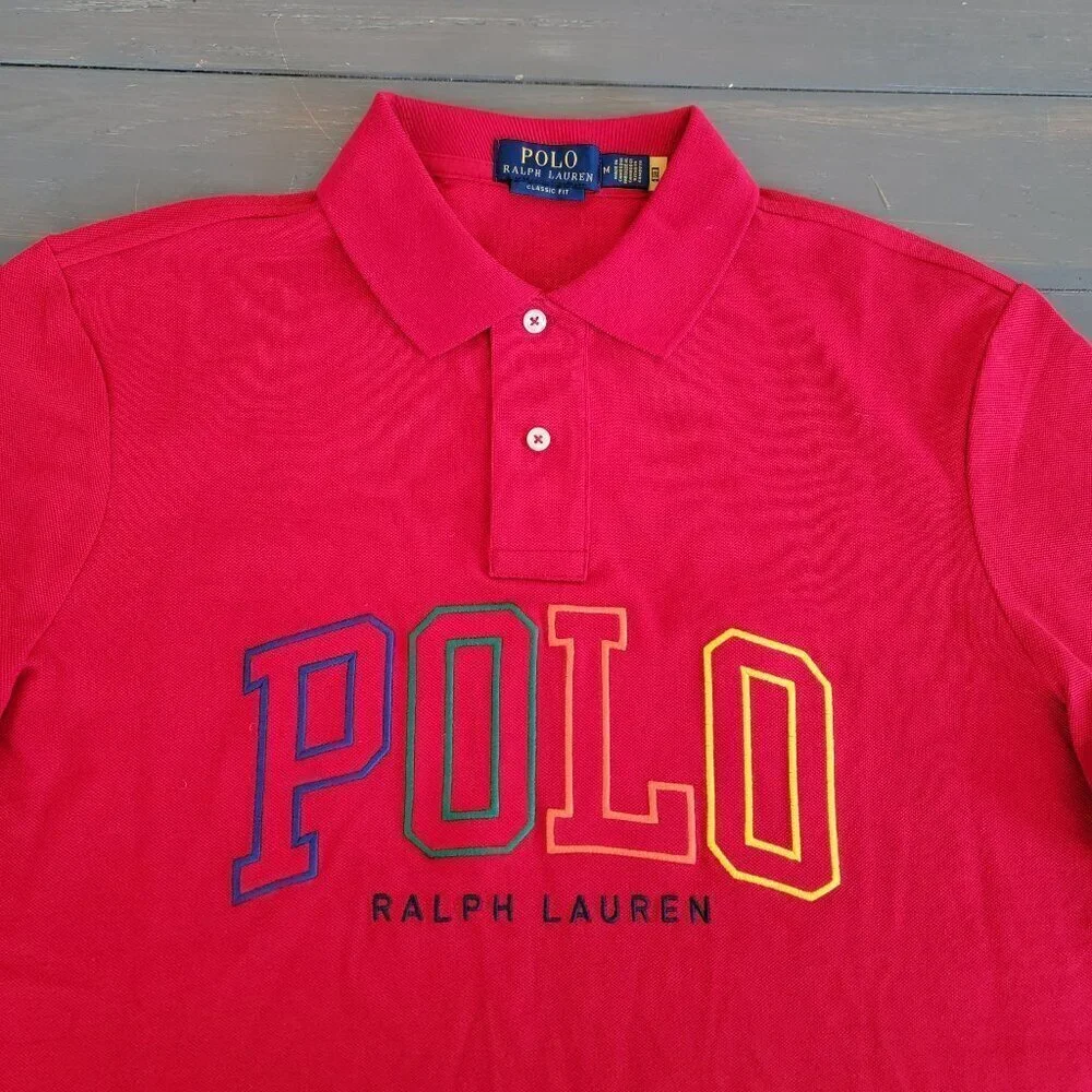Polo Ralph Lauren Men's Red Multi Logo Classic Fit Pique Polo Shirt Size M